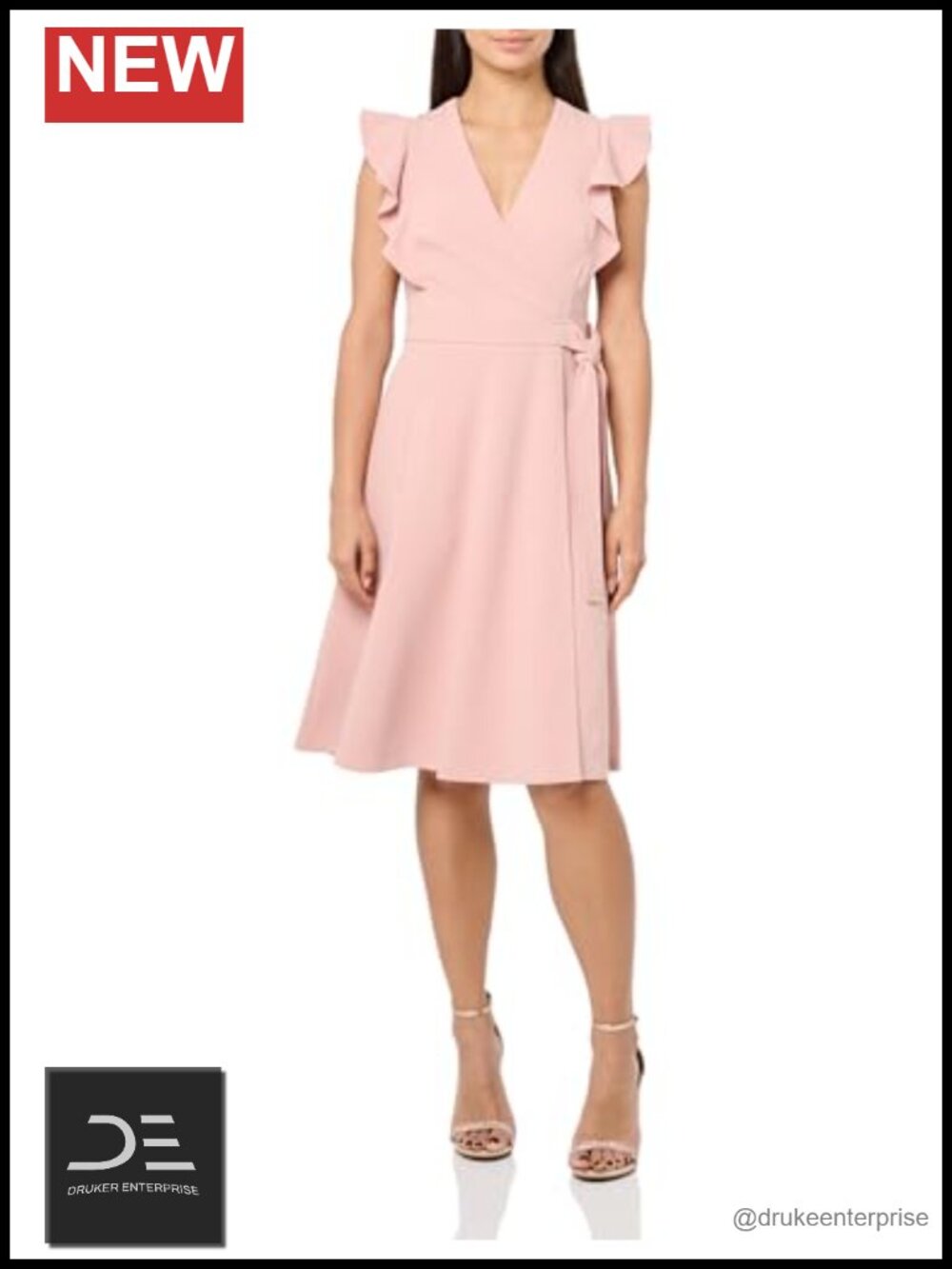 Womens Faux Wrap Dress Short Flutter Sleeve Knee Length